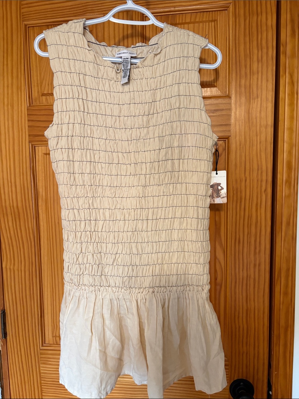 Sincerely Jules Cream Smocked Sleeveless Mini Dress